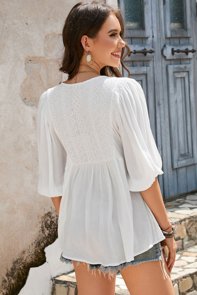 Ada V-Neck Half Sleeve Blouse with Pockets - Coco and lulu boutique 