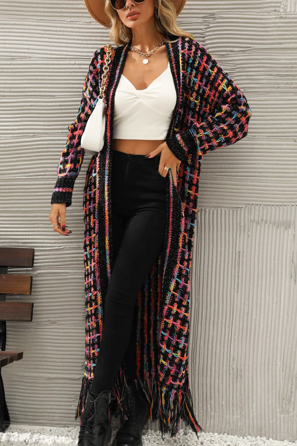 Morgan Multicolored Open Front Fringe Hem Cardigan - Coco and lulu boutique 