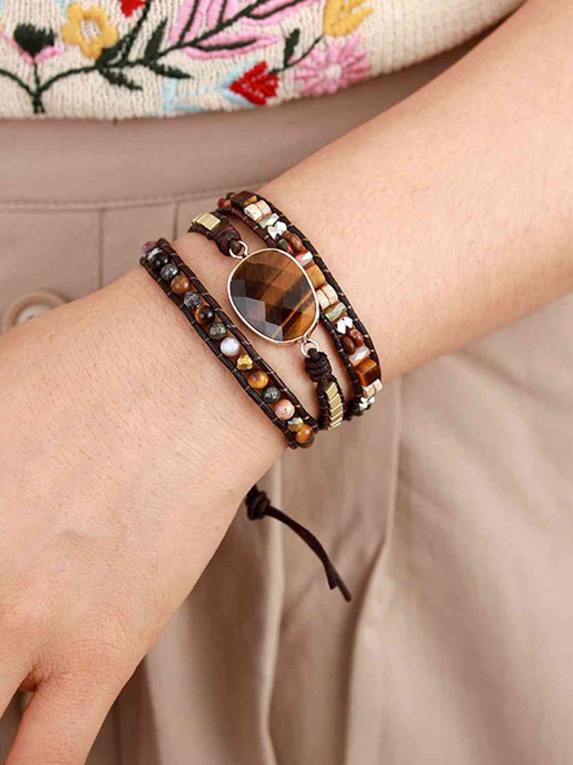 Geometrical Shape Tigers Eye Triple-Layer Wrap Bracelet - Coco and lulu boutique 