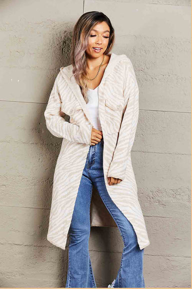Double Take Animal Printed Open Front Hooded Longline Cardigan - Coco and lulu boutique 