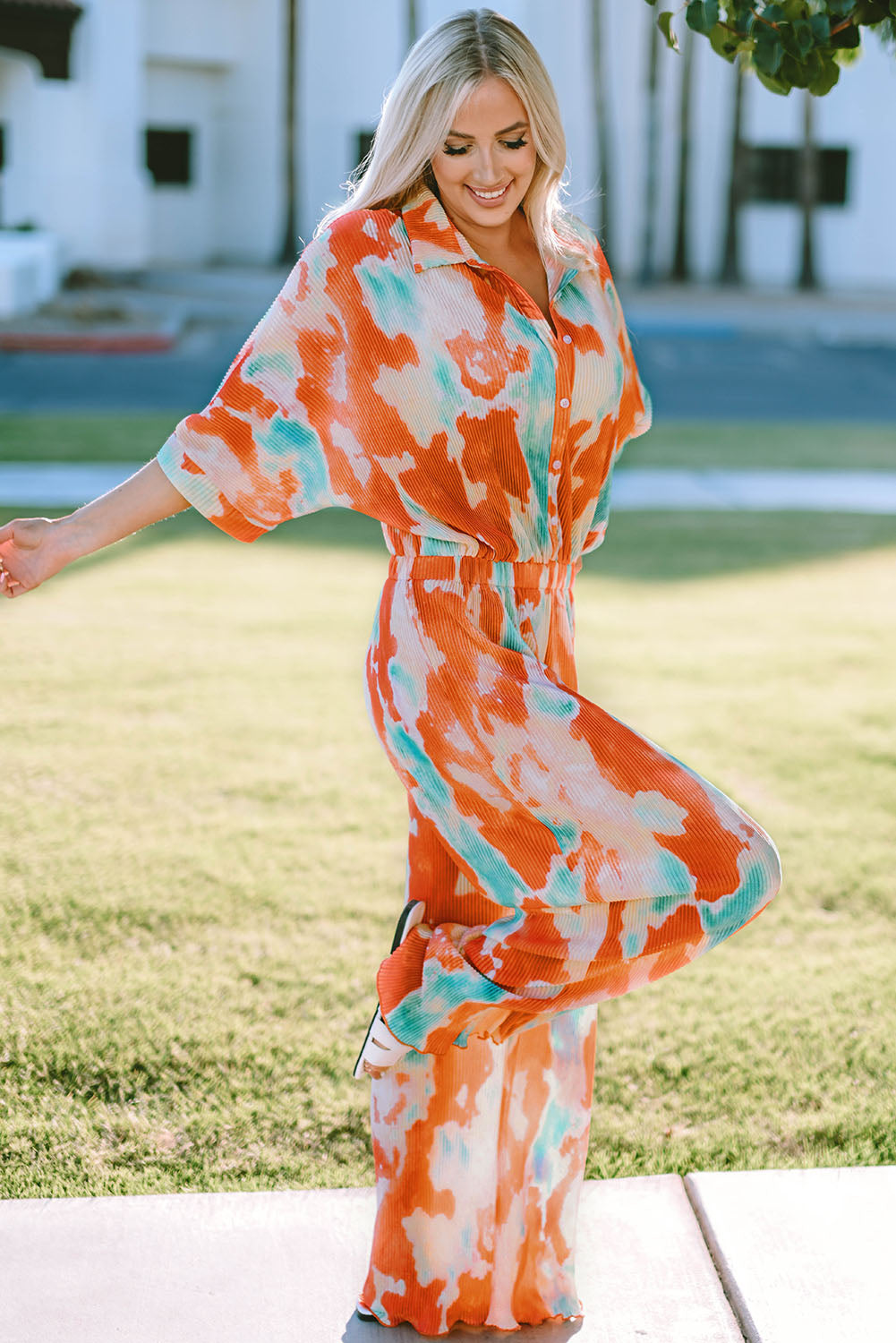 Angel Tie-Dye Collared Wide Leg Jumpsuit - Coco and lulu boutique 