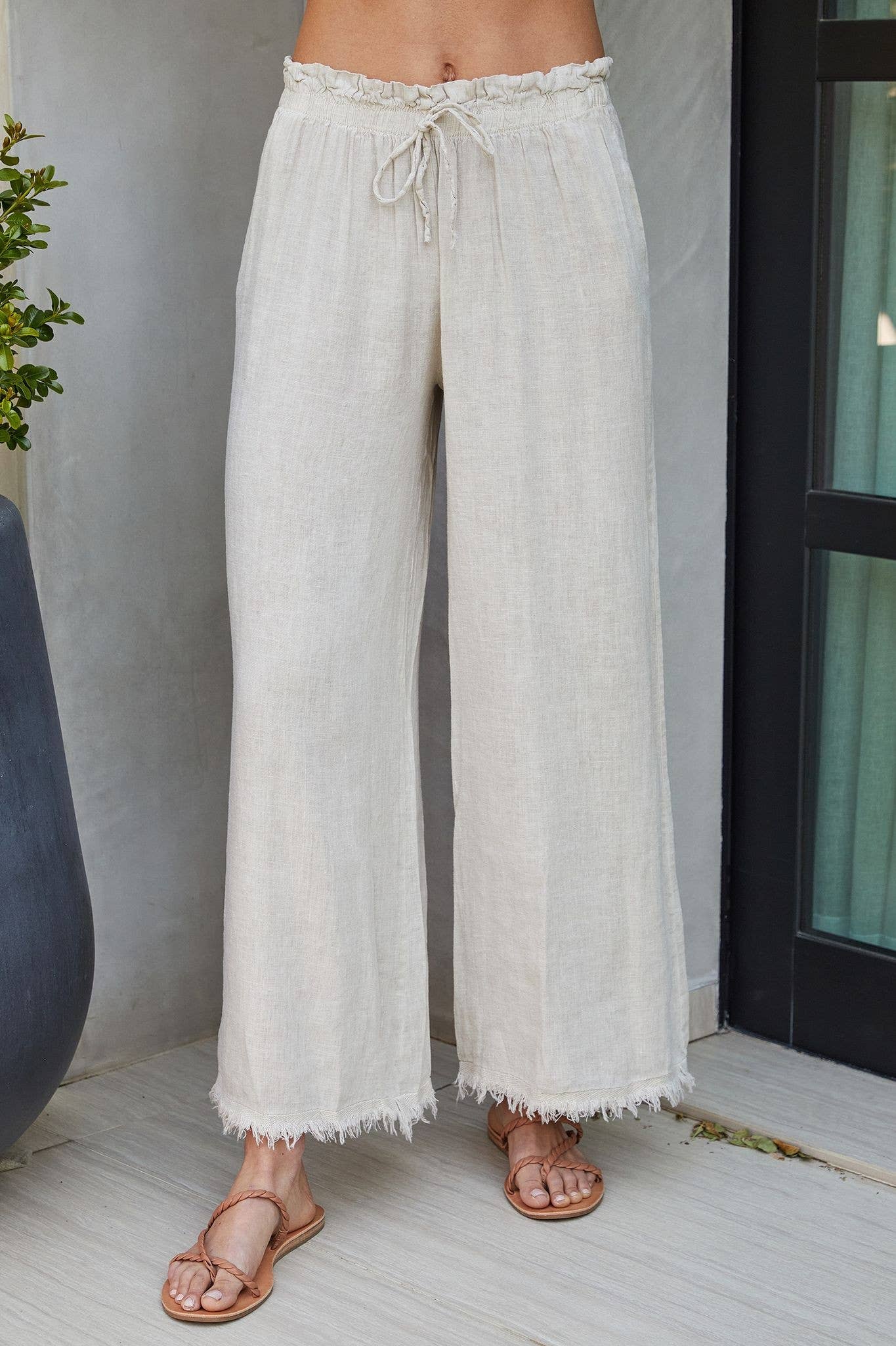 Italian Wide Leg Linen Fringe Hem Pant BEIGE - Coco and lulu boutique 