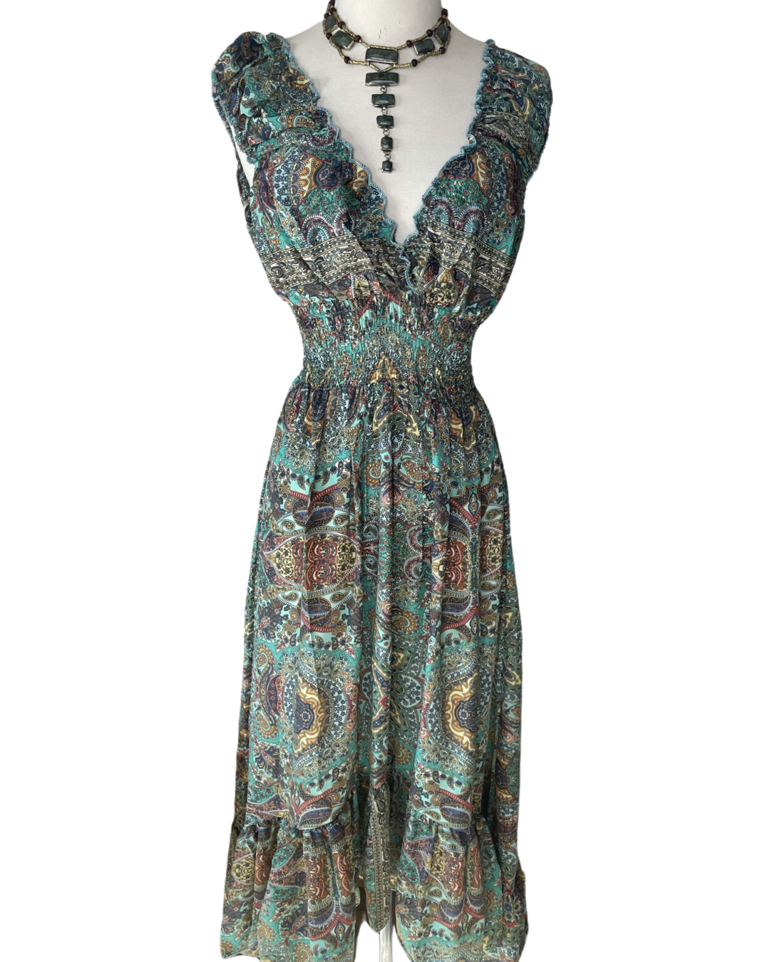 Bohemian High and Low Silk Ruffle Dress  (Green) - Coco and lulu boutique 