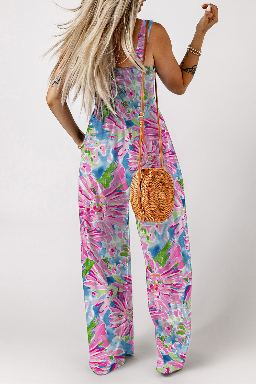 Scarlett Floral Smocked Square Neck Jumpsuit with Pockets - Coco and lulu boutique 