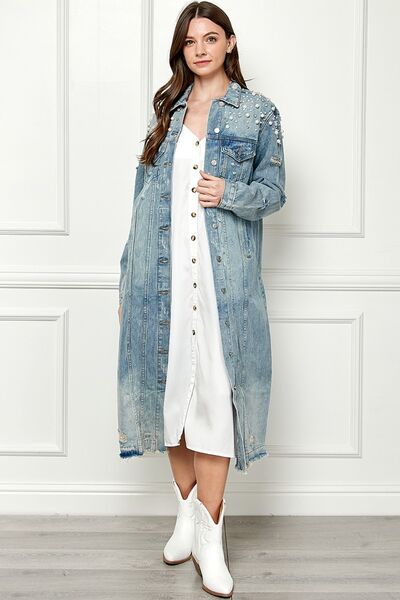 Distressed Raw Hem Pearl Detail Button Up Jacket - Coco and lulu boutique 