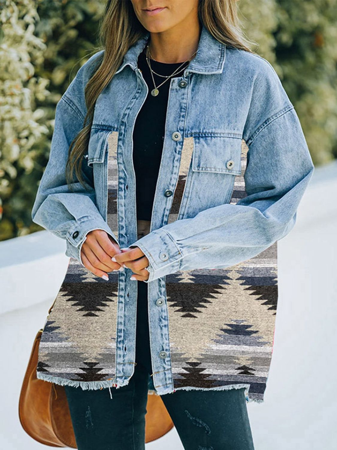 South West Collared Neck Dropped Shoulder Denim Jacket - Coco and lulu boutique 