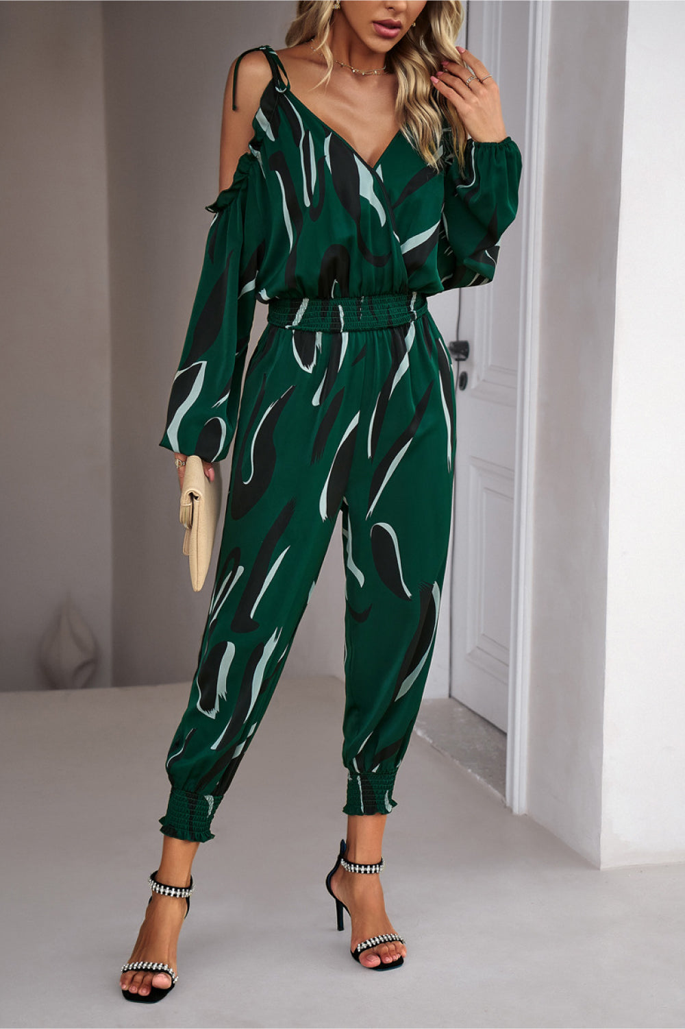 Monique Printed Cold-Shoulder Surplice Neck Jumpsuit - Coco and lulu boutique 
