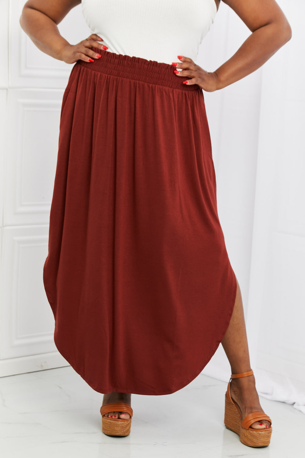 Zenana It's My Time Full Size Side Scoop Scrunch Skirt in Dark Rust - Coco and lulu boutique 