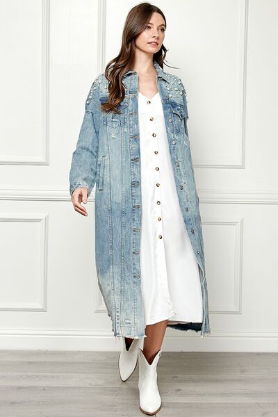 Distressed Raw Hem Pearl Detail Button Up Jacket - Coco and lulu boutique 