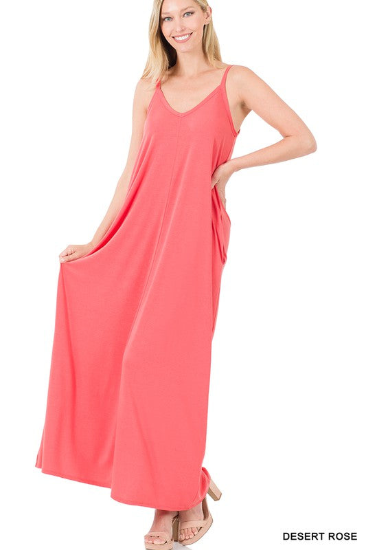 V NECK CAMI MAXI DRESS WITH SIDE POCKETS - Coco and lulu boutique 