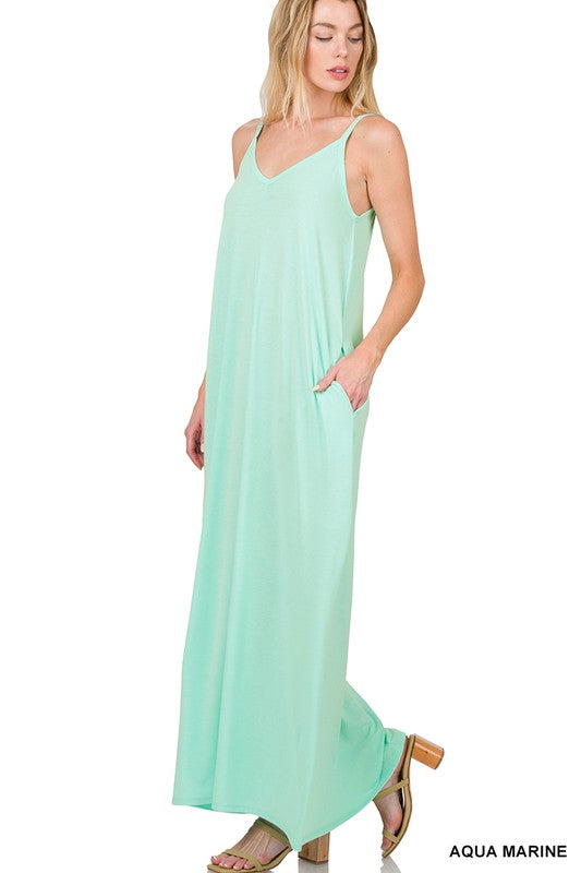 V NECK CAMI MAXI DRESS WITH SIDE POCKETS - Coco and lulu boutique 