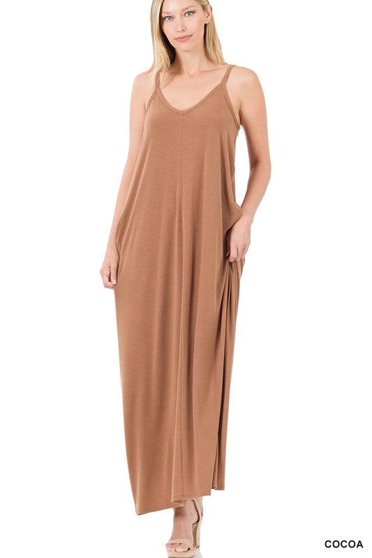 V NECK CAMI MAXI DRESS WITH SIDE POCKETS - Coco and lulu boutique 