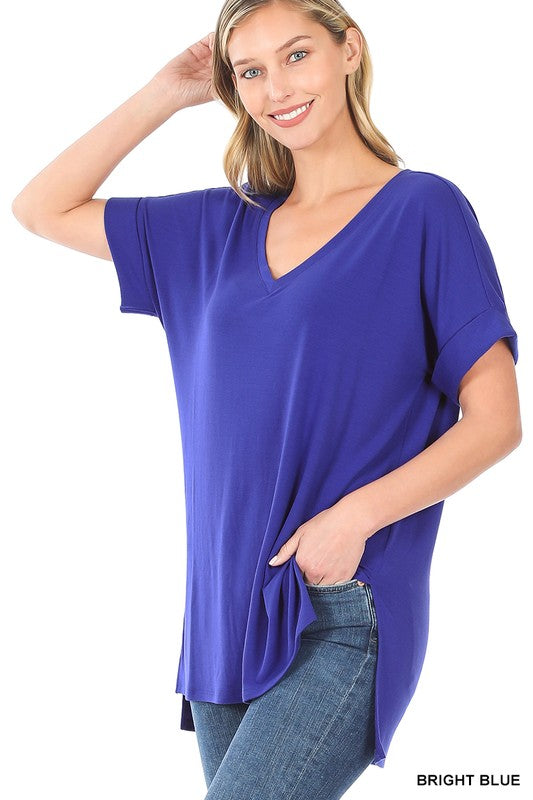 ANGIE ROLLED SHORT SLEEVE SIDE SLIT HI LOW HEM TOP - Coco and lulu boutique 