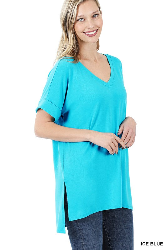 ANGIE ROLLED SHORT SLEEVE SIDE SLIT HI LOW HEM TOP - Coco and lulu boutique 