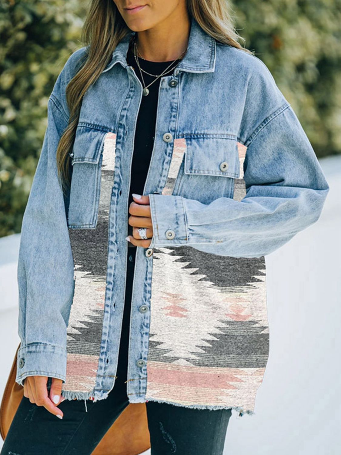 South West Collared Neck Dropped Shoulder Denim Jacket - Coco and lulu boutique 