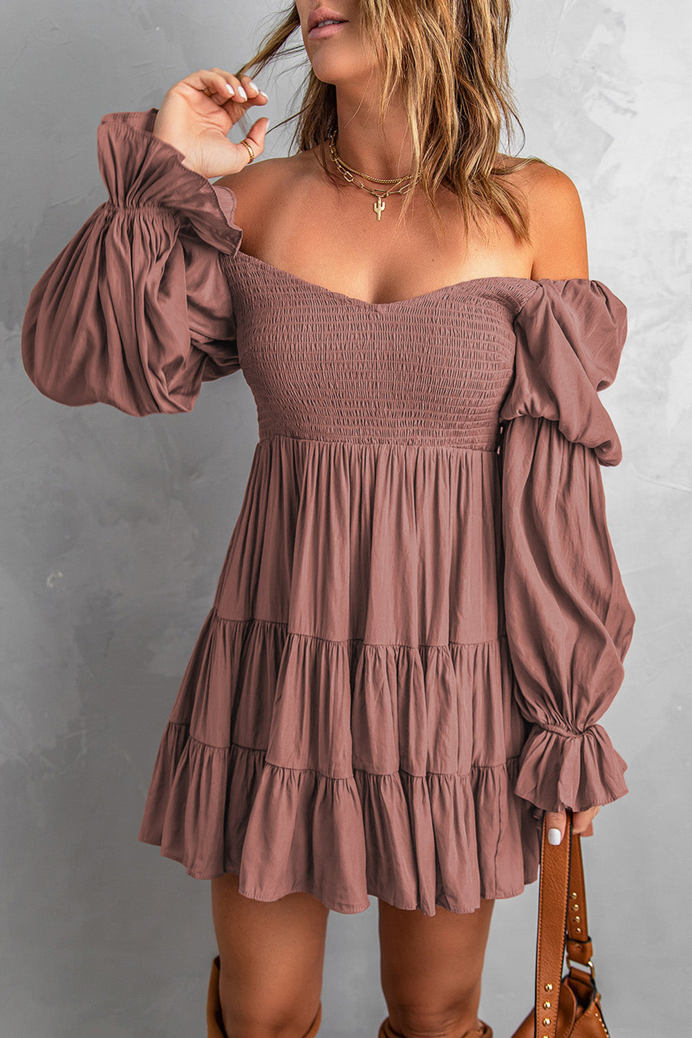Amelia Smocked Off-Shoulder Tiered Mini Dress - Coco and lulu boutique 