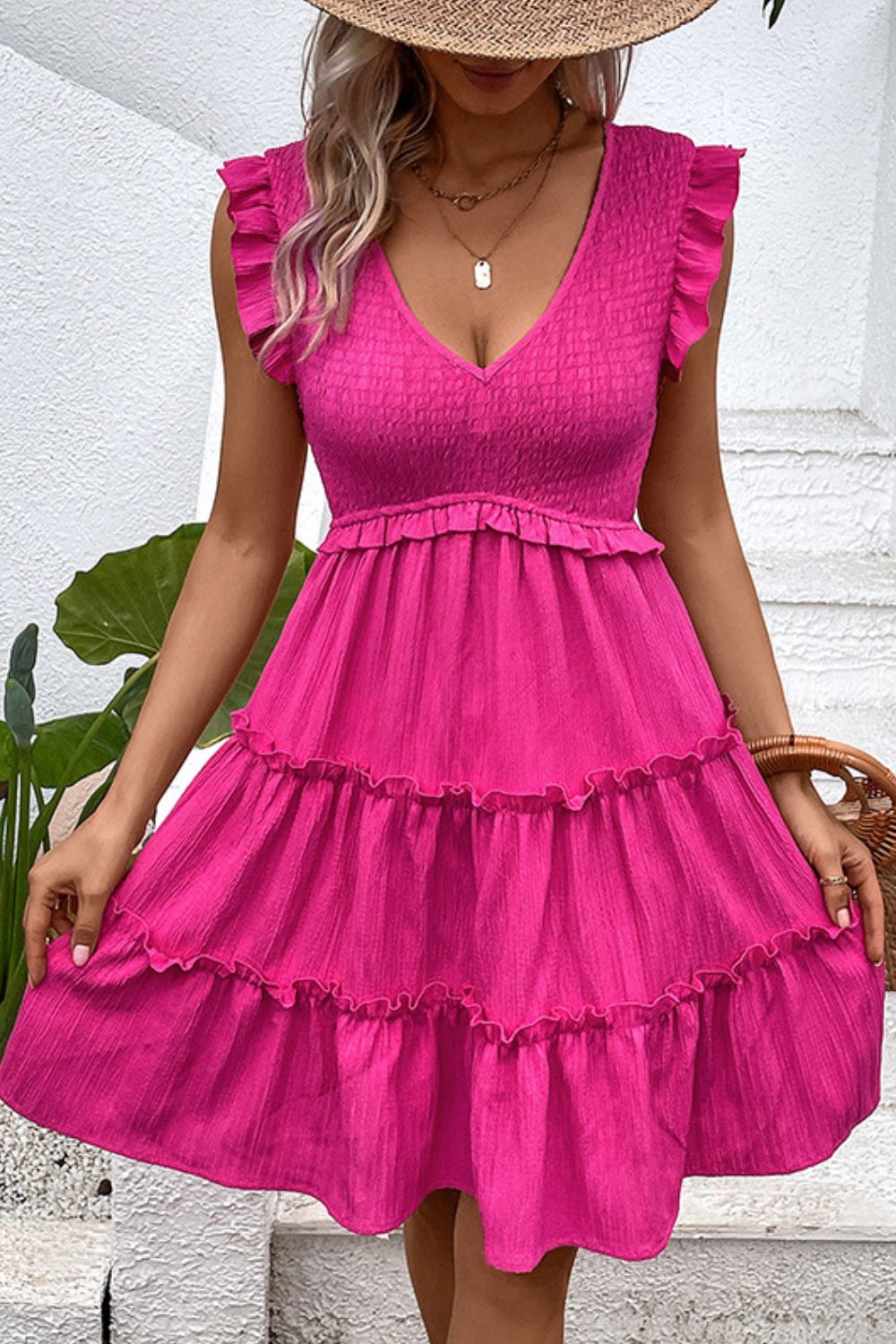 Beverly Smocked Frill Trim Deep V Dress - Coco and lulu boutique 