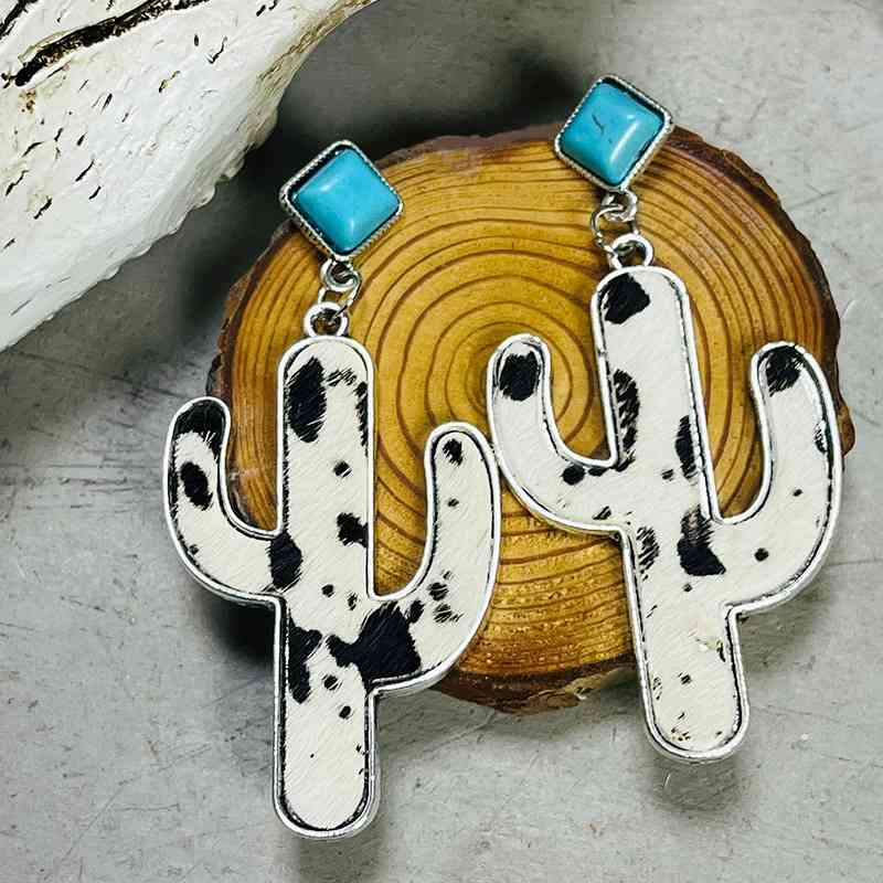 Turquoise and Cowhide Cactus Earrings - Coco and lulu boutique 