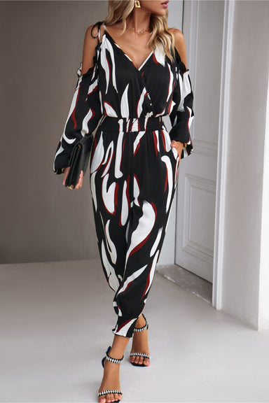 Monique Printed Cold-Shoulder Surplice Neck Jumpsuit - Coco and lulu boutique 
