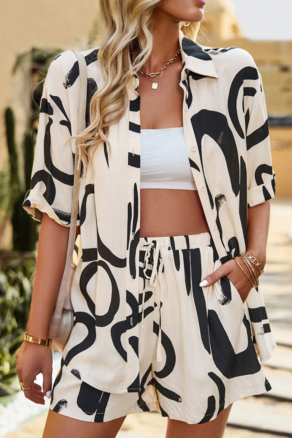 Harper Printed Dropped Shoulder Shirt and Shorts Set - Coco and lulu boutique 