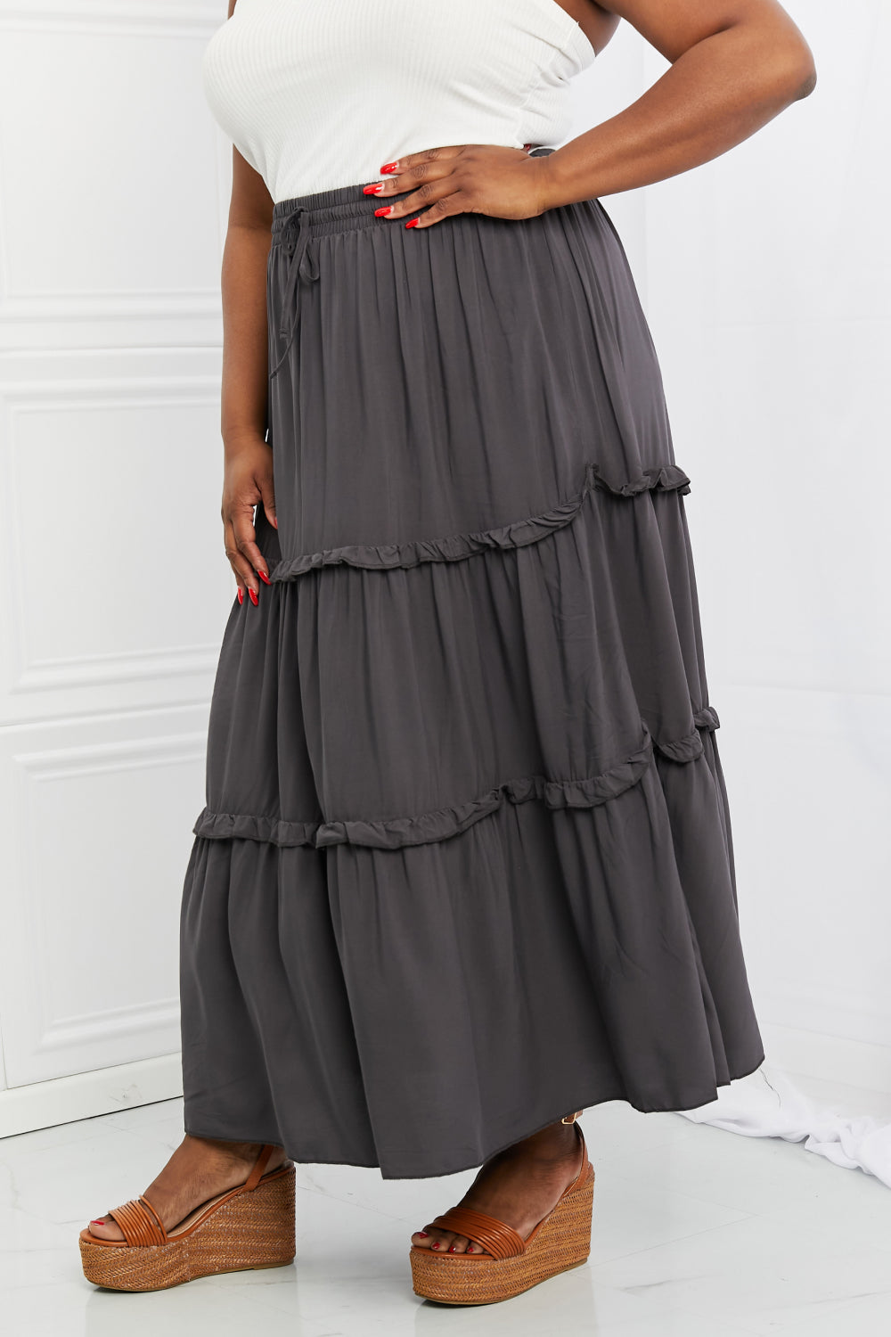Zenana Summer Days Full Size Ruffled Maxi Skirt in Ash Grey - Coco and lulu boutique 