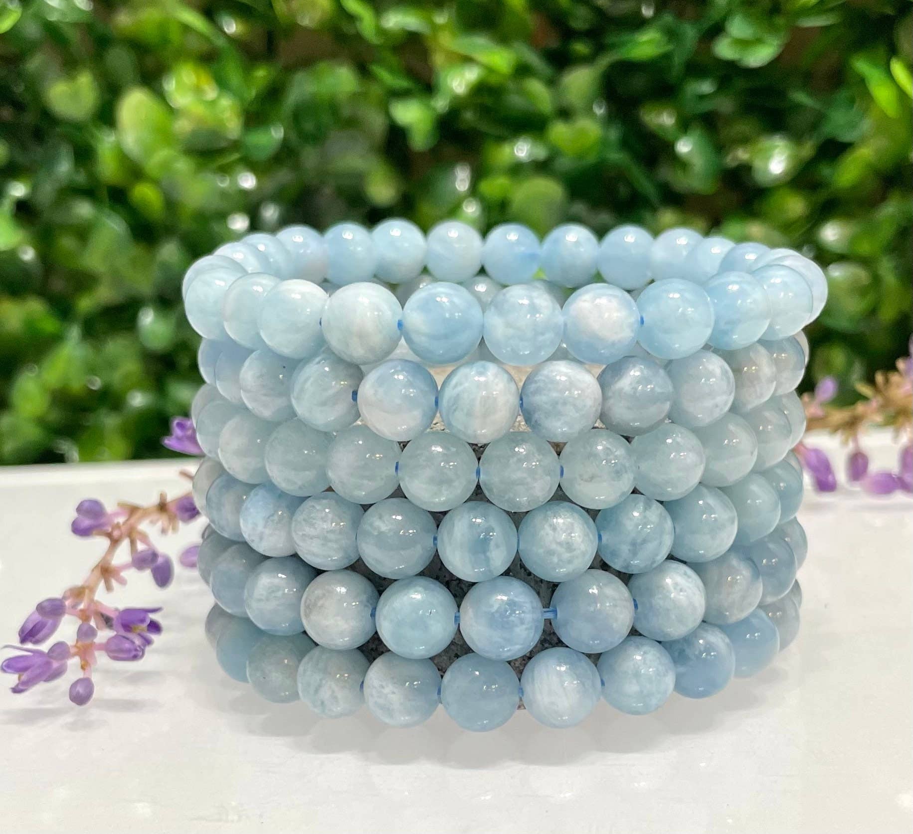 Natural Aquamarine 8mm 7.5” Crystal Healing Stretch Bracelet - Coco and lulu boutique 