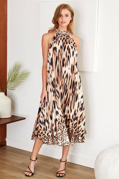 Evann Animal Hybrid Pleated Long Halter Dress - Coco and lulu boutique 