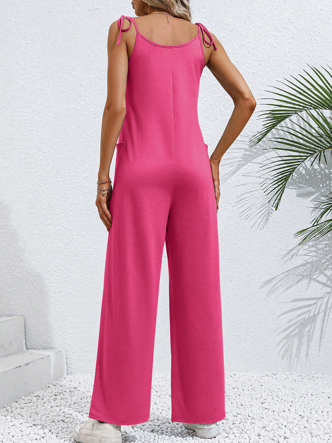 Emily Tie-Shoulder Wide Leg Jumpsuit with Pockets - Coco and lulu boutique 