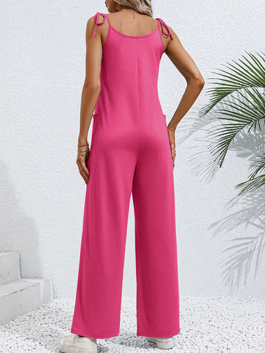 Emily Tie-Shoulder Wide Leg Jumpsuit with Pockets - Coco and lulu boutique 