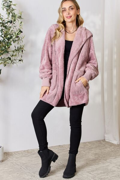 Cozy Faux Fur Open Front Hooded Jacket - Coco and lulu boutique 