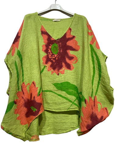 Linen Floral Poncho Top Anis Green - Coco and lulu boutique 