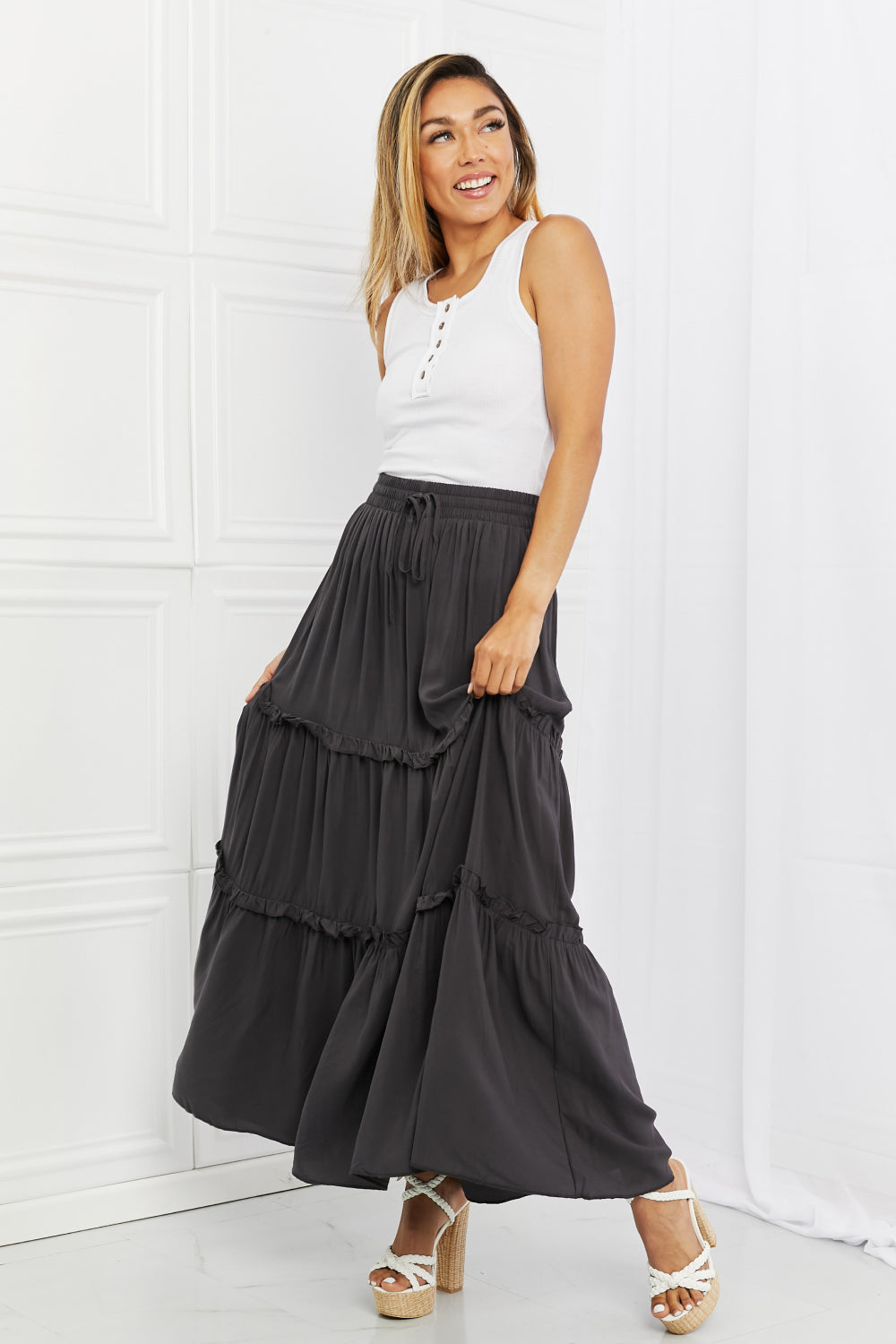 Zenana Summer Days Full Size Ruffled Maxi Skirt in Ash Grey - Coco and lulu boutique 