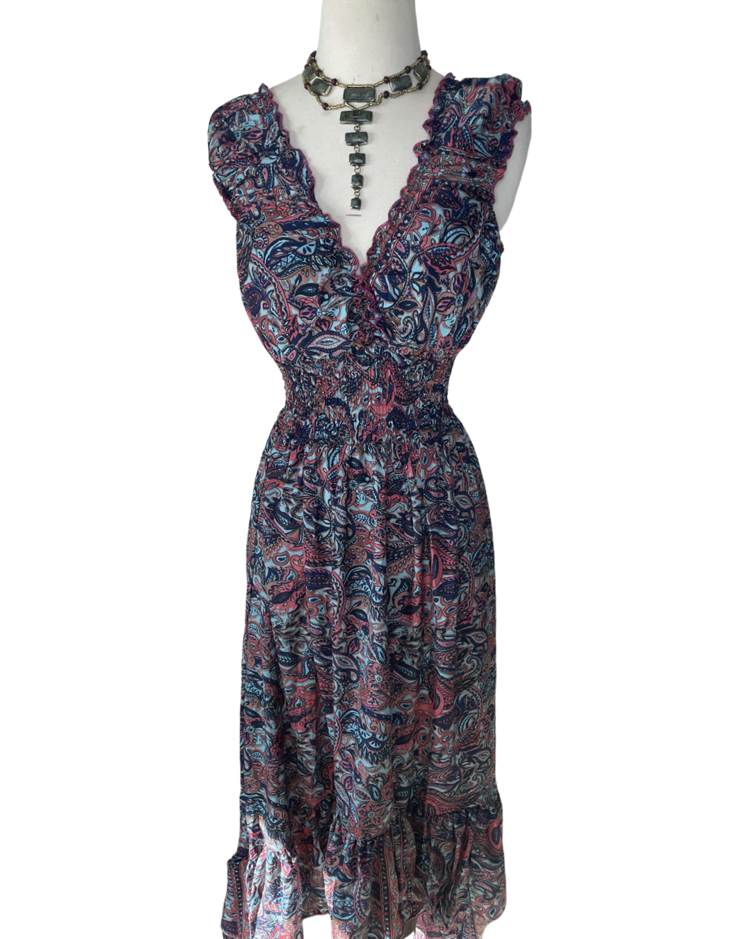 Bohemian High and Low Silk Ruffle Dress  (Sky blue/Navy/Pink) - Coco and lulu boutique 