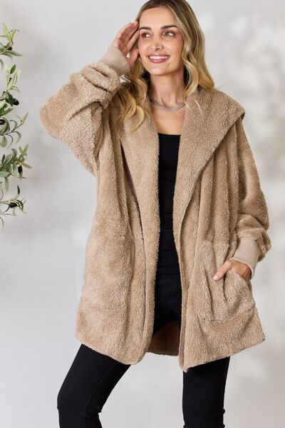 Cozy Faux Fur Open Front Hooded Jacket Taupe - Coco and lulu boutique 