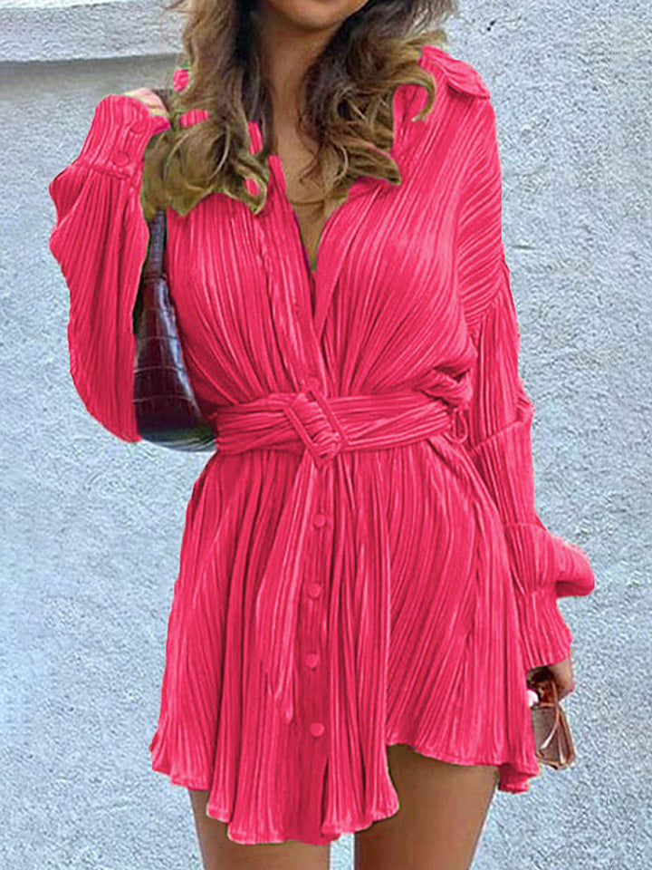 Tie Waist Button-Down Long Sleeve Dress - Coco and lulu boutique 