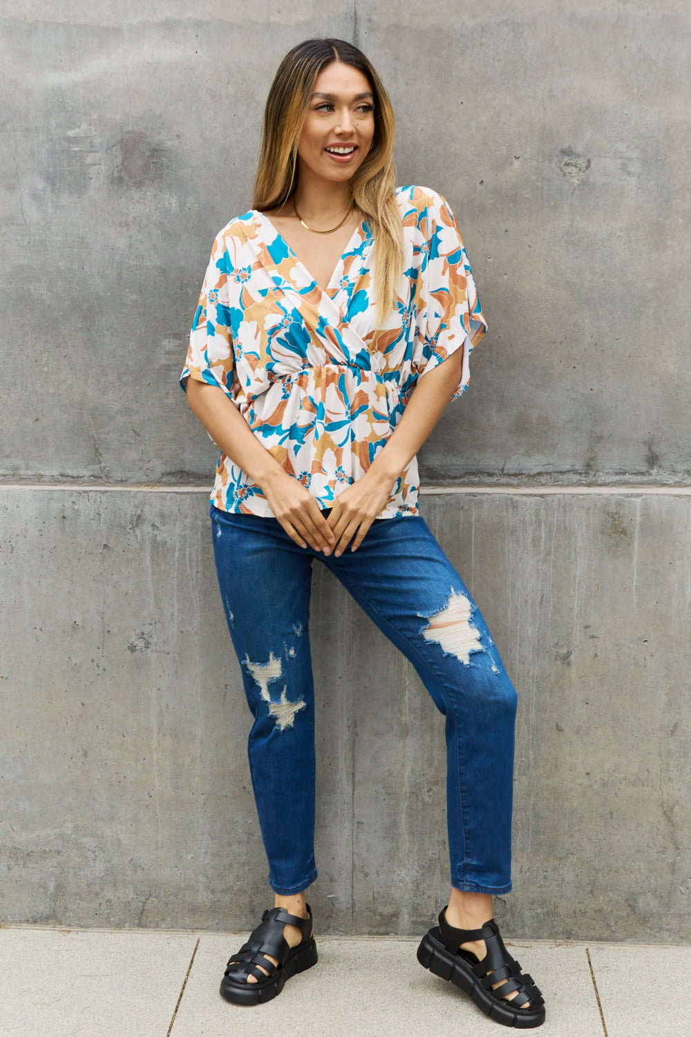 BOMBOM Floral Print Wrap Tunic Top - Coco and lulu boutique 