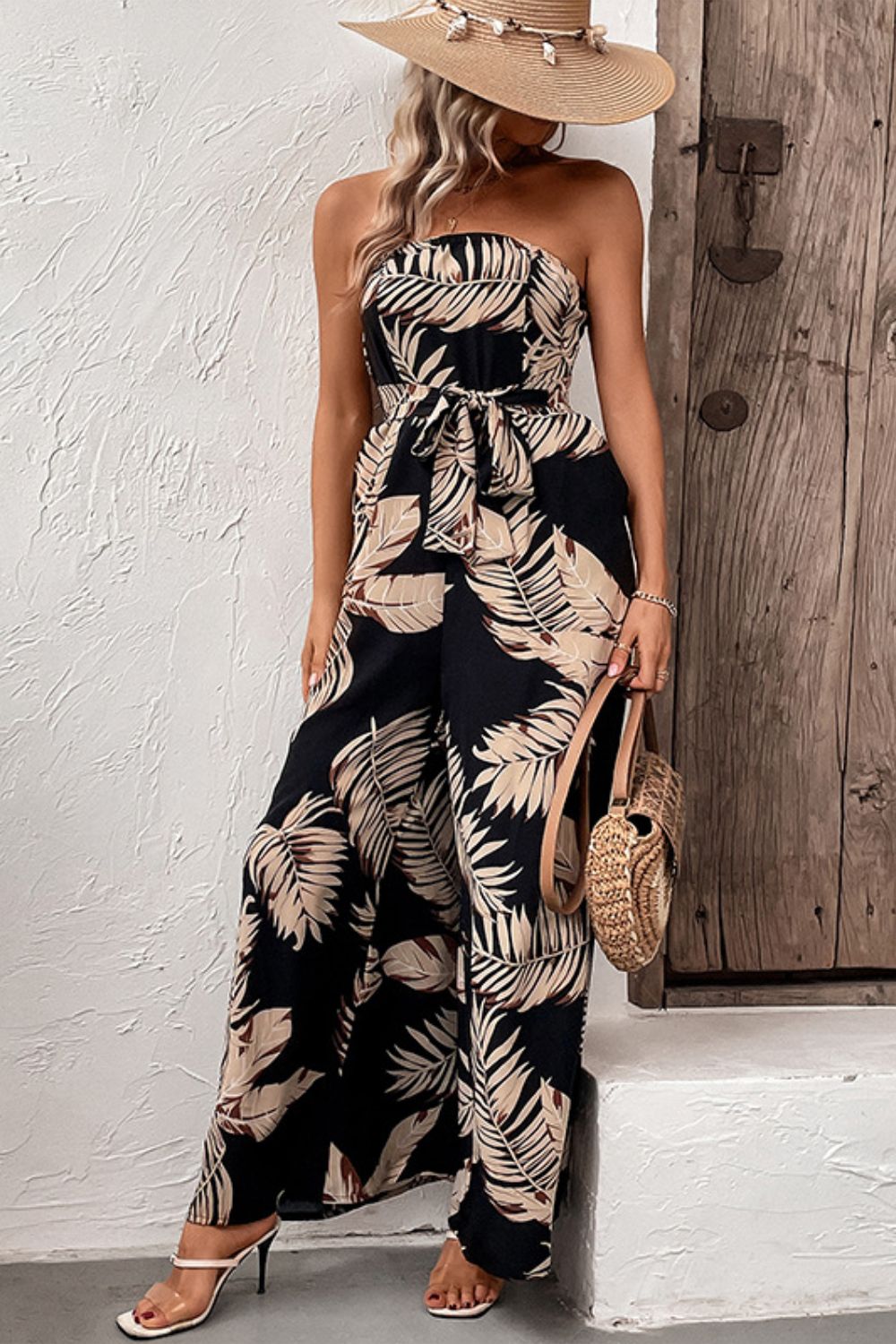 Printed Strapless Wide Leg Jumpsuit with Pockets - Coco and lulu boutique 