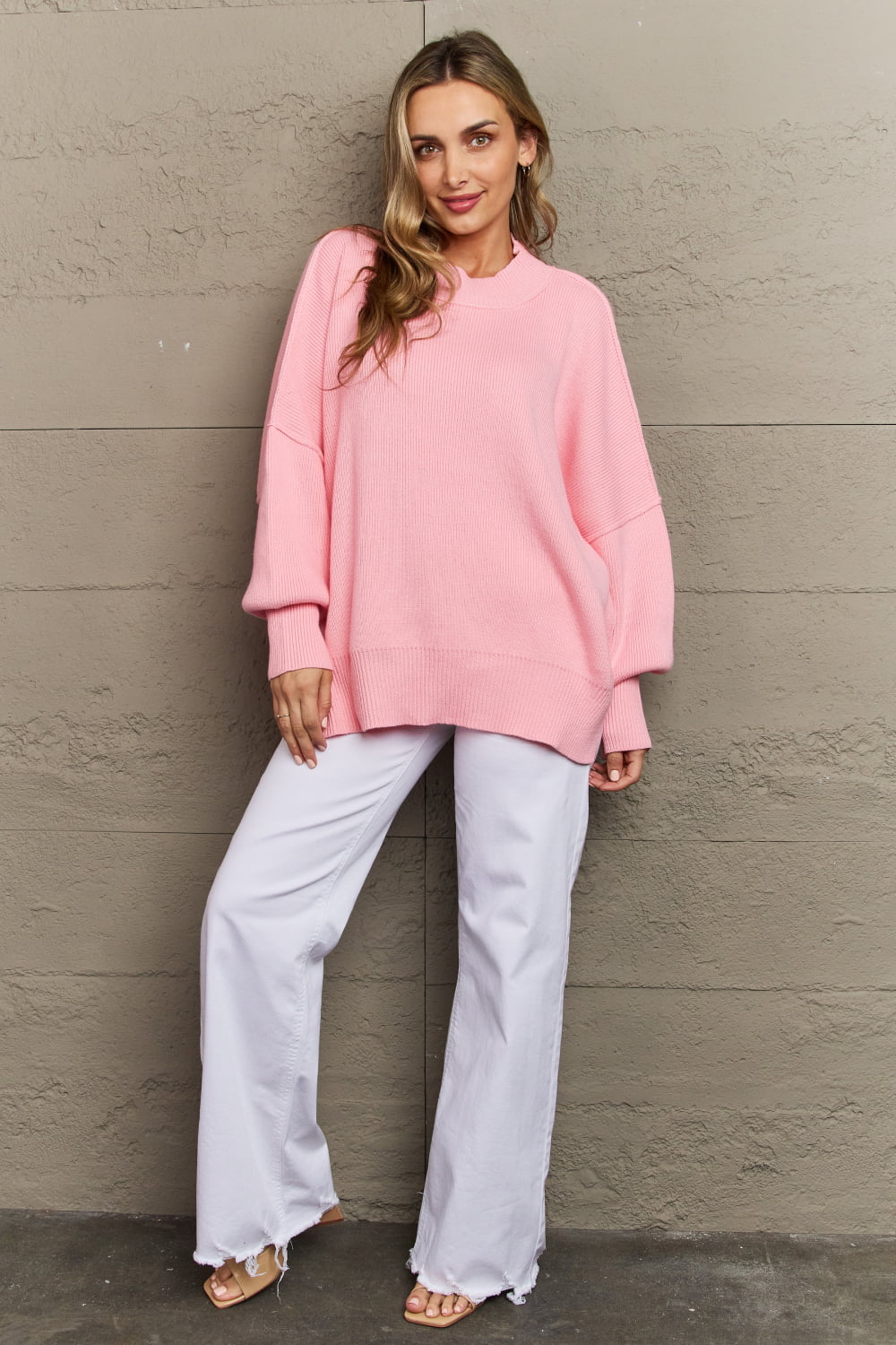 Emily Comfort Awaits Slouchy Side Slit Sweater in Pink - Coco and lulu boutique 