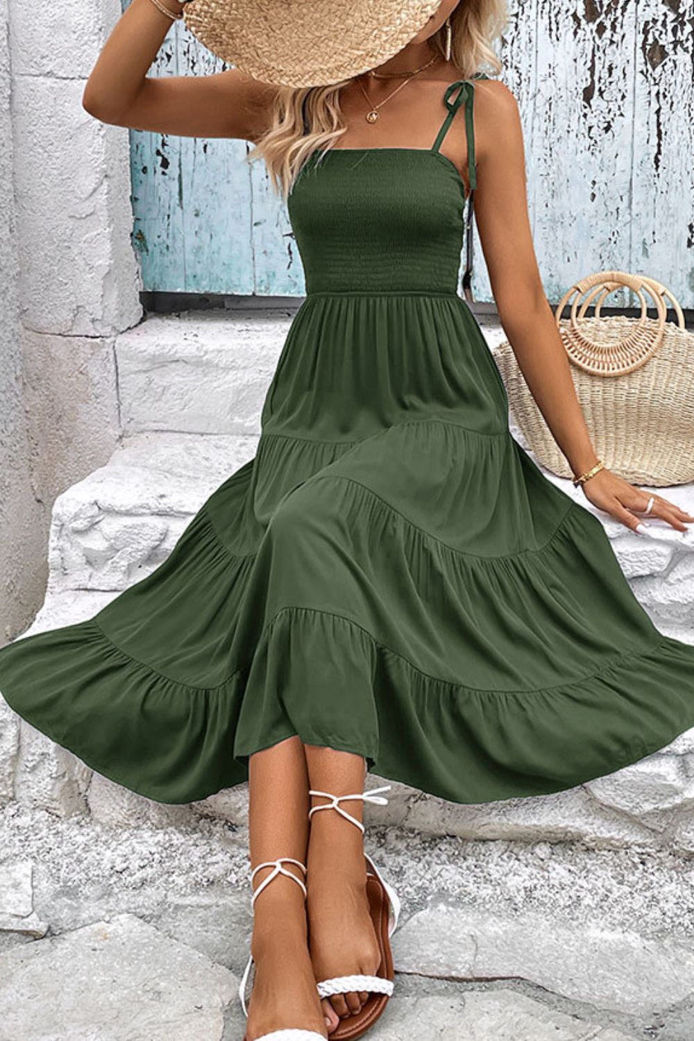 Tie-Shoulder Tiered Midi Dress - Coco and lulu boutique 